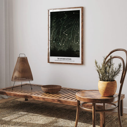 The November Meteors by E L Trouvelot night sky artwork poster featuring bright meteors streaking above a dark landscape, framed and displayed in home decor