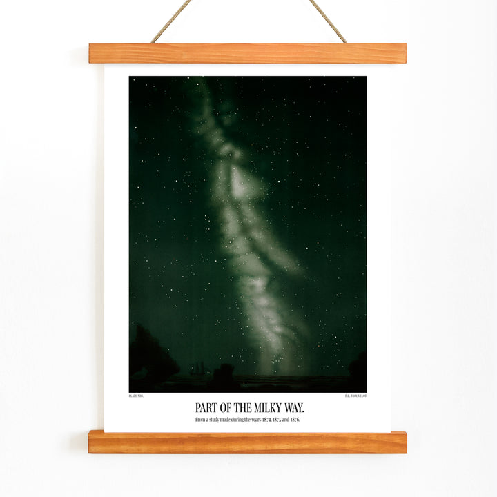 Starry night sky with the Milky Way by E L Trouvelot poster titled Part of the Milky Way, with wooden magnetic frame on white background