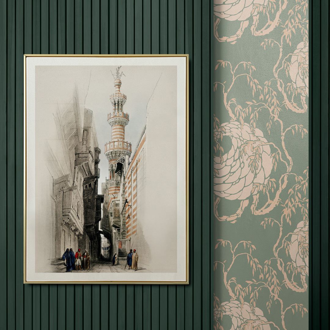 Minaret of the mosque The Rhamree with people in traditional attire street view and poster artwork by David Roberts, framed and displayed in home decor