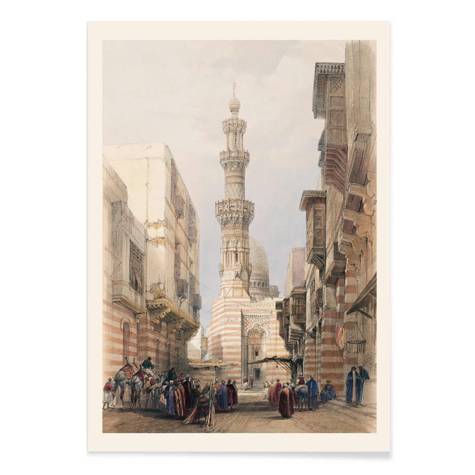 Bullack Cairo cityscape illustration by David Roberts featuring people in traditional clothing and historic architecture, with black aluminium frame on white background