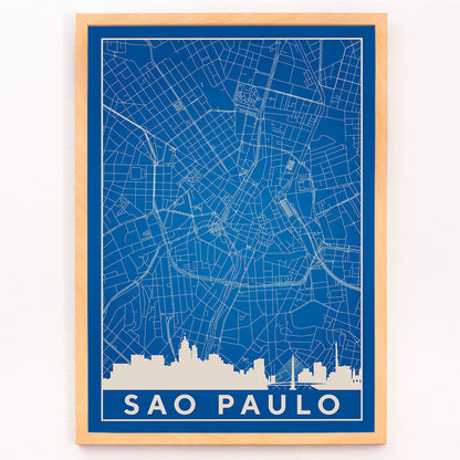 Minimalist blue map of Sao Paulo city with white street lines and skyline by artist Anonymous titled Minimalist Sao Paulo Map, framed and displayed in modern living room decor