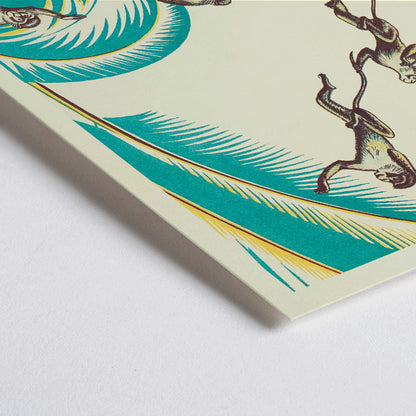 Closeup detail of Illustration and poster of five monkeys playing among green palm leaves in the jungle titled A Jungle Picnic Pl 20 by Clifford Webb