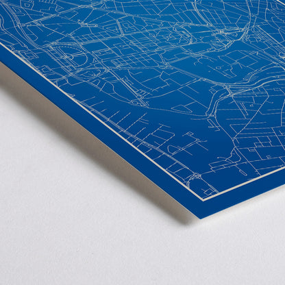 Closeup detail of Minimalist map art print and detailed blue and white poster of Montpellier with city landmarks by Minimalist Montpellier Map