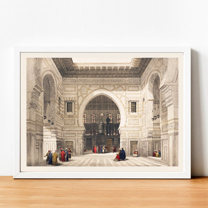 Elegant interior of Sultan the Ghoree mosque with figures and detailed architecture by David Roberts, framed and displayed in home decor