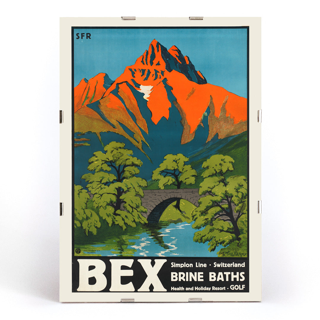 Colorful vintage Swiss mountain landscape with stone bridge and river artwork Bex Brine Baths by Aime Felix Nicollerat, framed and displayed in modern living room decor