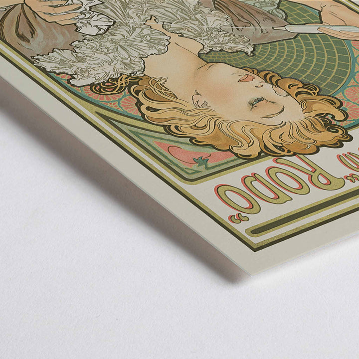 Closeup detail of Alphonse Mucha Lance parfum Rodo poster Art Nouveau woman with flowing hair floral border soft green gold tones