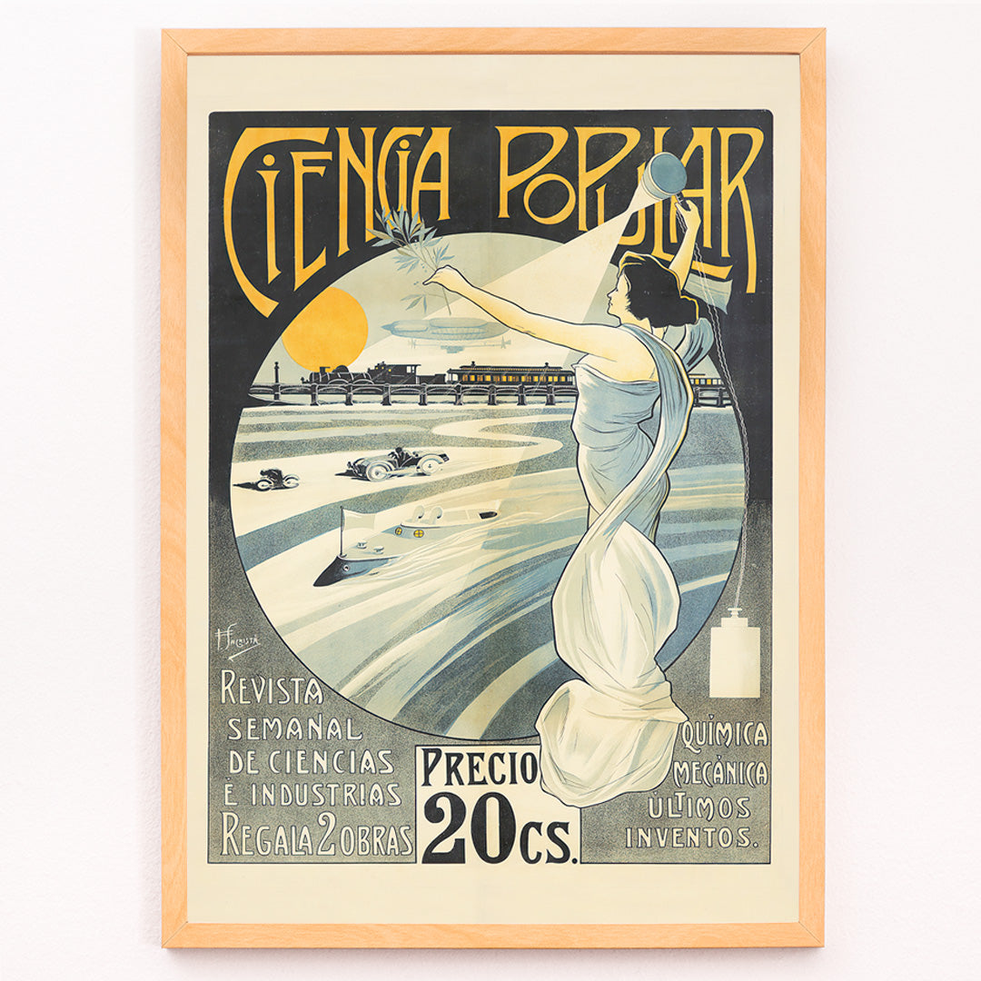 Closeup detail of Art Nouveau poster of a woman in a white dress holding a torch and laurel branch with science themes Ciencia Popular by F Sagrista