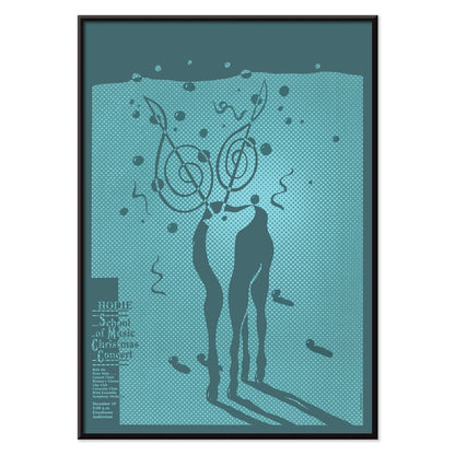 Poster for Hodie School of Music Christmas concert by Lanny Sommese featuring abstract figures with musical notes on a teal background, with black aluminium frame on white background