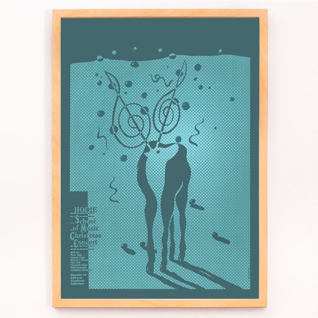Poster for Hodie School of Music Christmas concert by Lanny Sommese featuring abstract figures with musical notes on a teal background, framed and displayed in modern living room decor