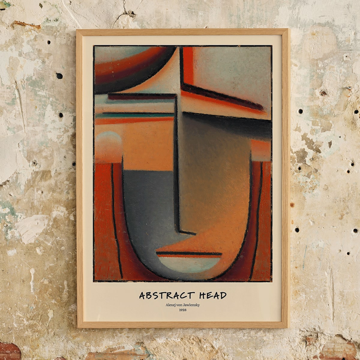 Abstract painting Mystical Head Meditation by Alexej von Jawlensky featuring a colorful stylized abstract face with closed eyes and serene expression, framed and displayed in home decor