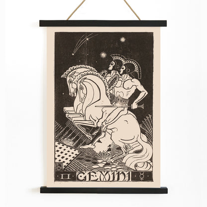 Gemini zodiac artwork by Henri van der Stok featuring two figures with chariot and horses under stars detailed black and white illustration, with wooden magnetic frame on white background