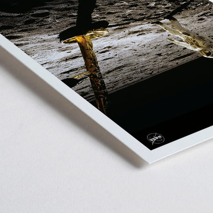 Closeup detail of Astronaut on the lunar surface with text Earths Moon Man on Moon 2 by NASA poster