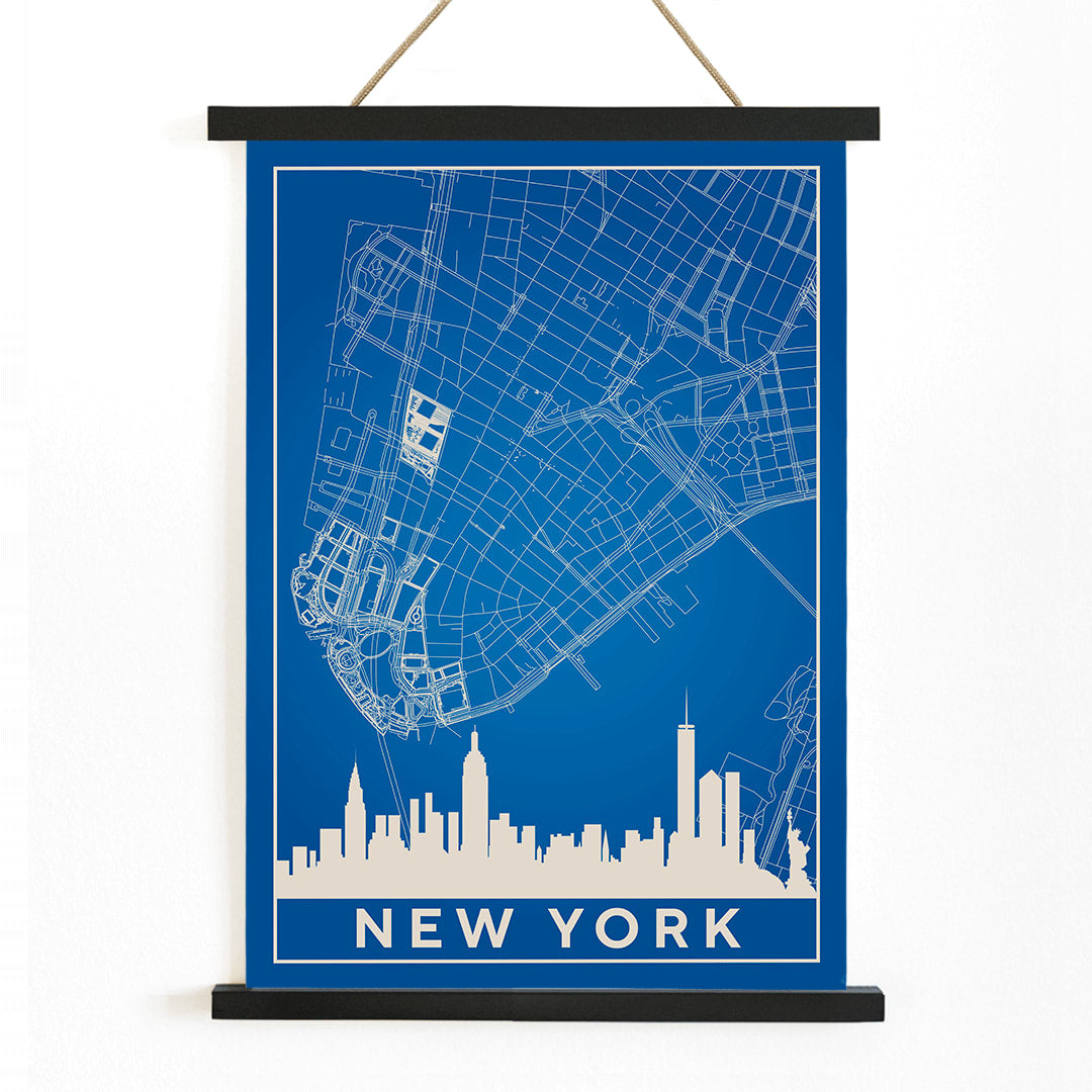 New York Minimalist Map poster by artist New York featuring a blue and white outline of New York City streets above a city skyline silhouette, with wooden magnetic frame on white background