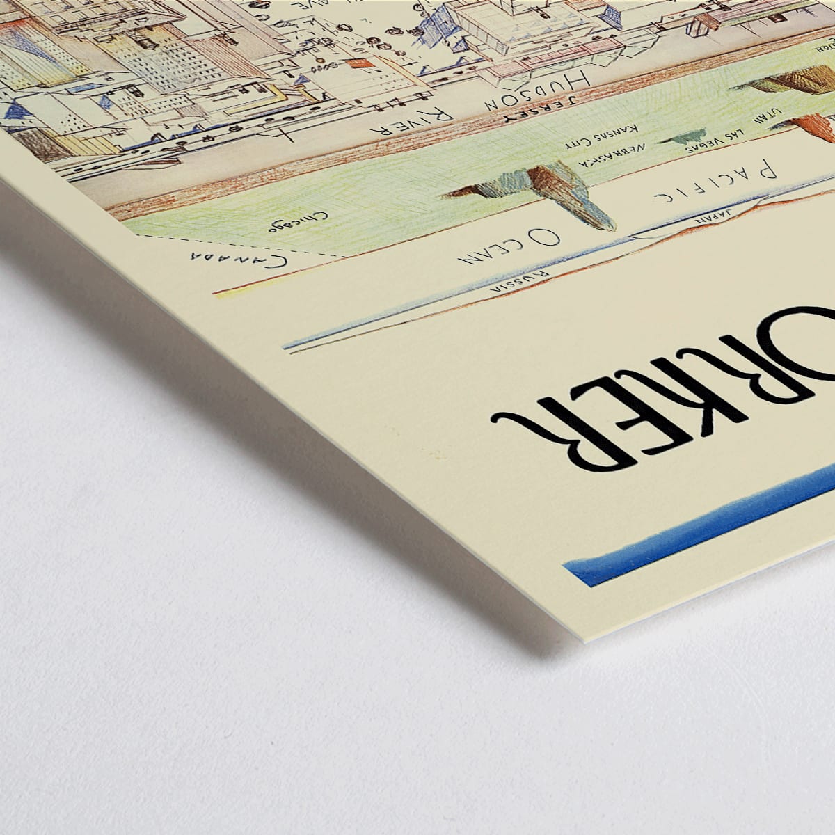 Closeup detail of The New Yorker poster by Saul Steinberg featuring a whimsical stylized cityscape and landscape with 9th and 10th Avenue