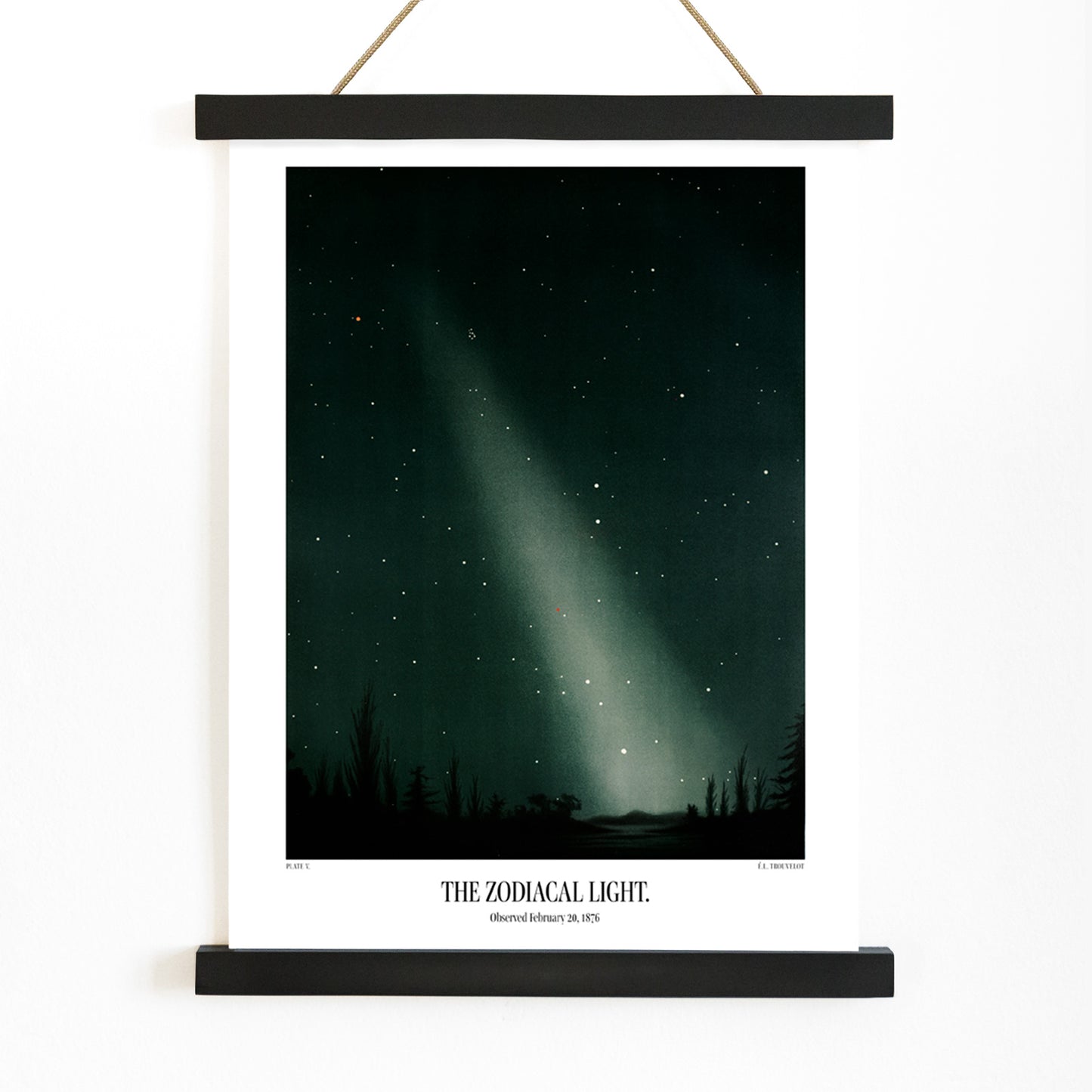 Night sky with zodiacal light and stars by E L Trouvelot poster featuring luminous band and silhouetted trees, with wooden magnetic frame on white background