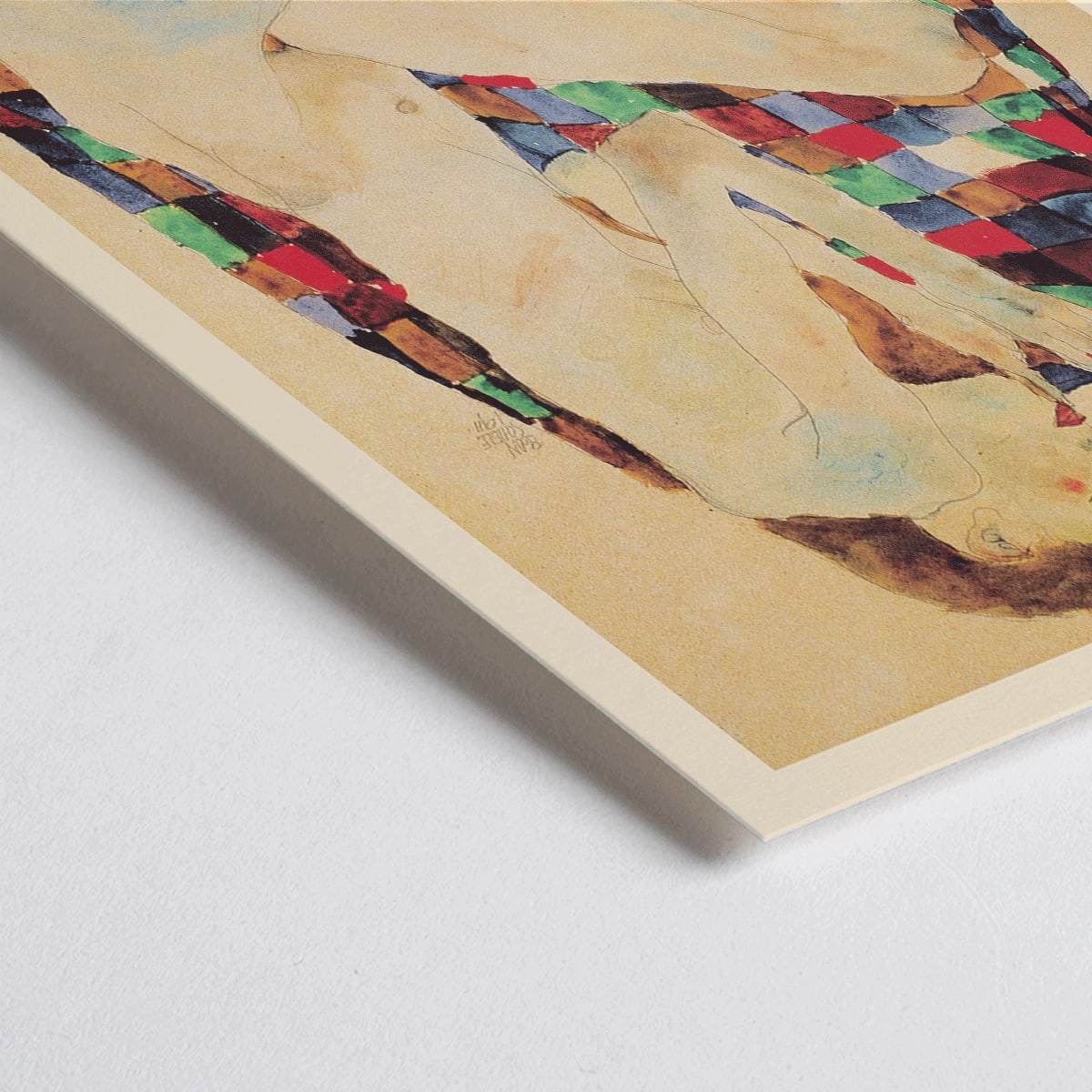 Closeup detail of Female Nude on Checkered Cloth by Egon Schiele showing a nude woman sitting on a colorful patterned fabric poster