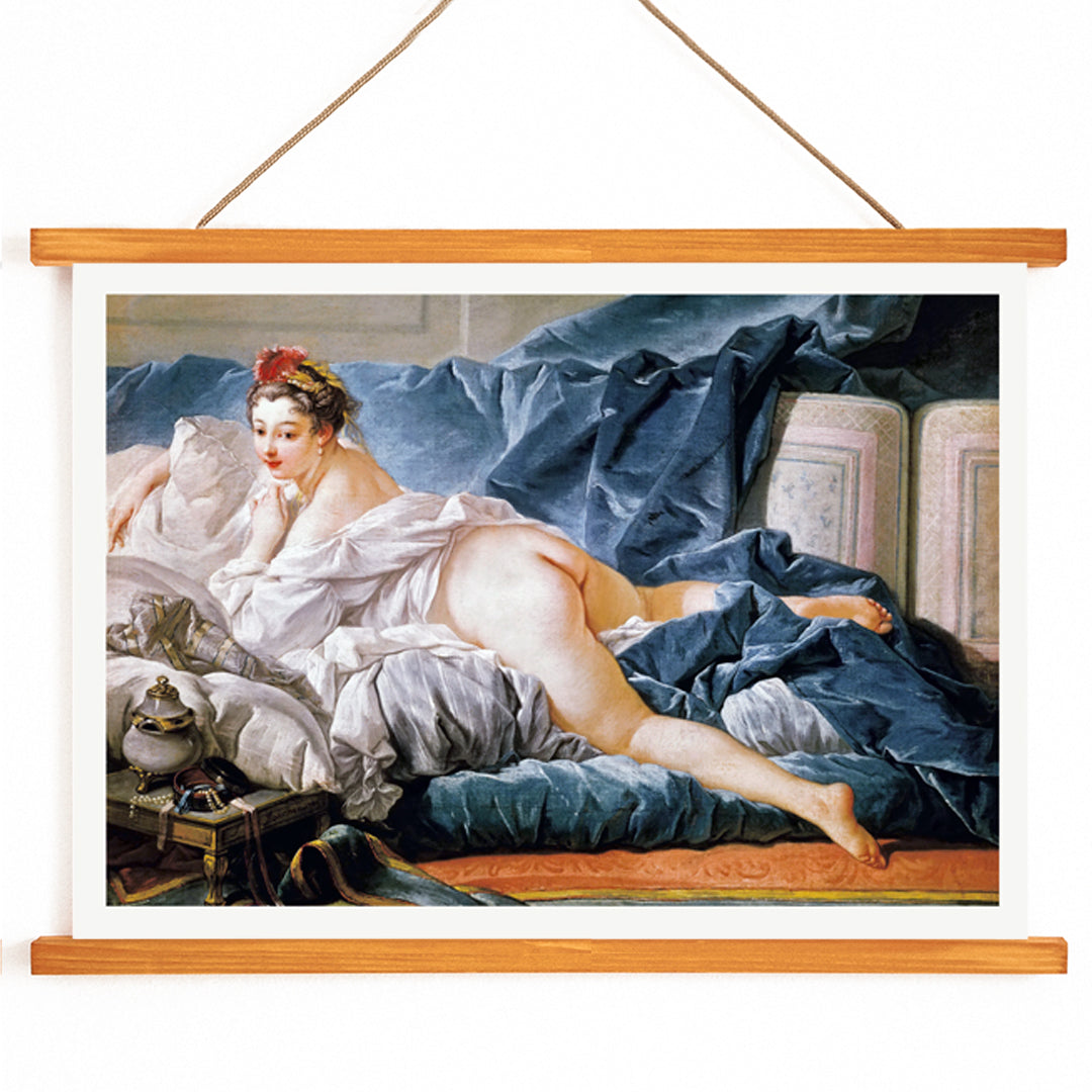 Brown Odalisque by Francois Boucher poster featuring a reclining nude woman on luxurious blue and white fabrics, with wooden magnetic frame on white background