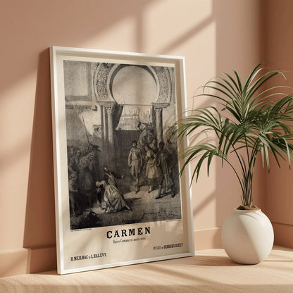 Promotional poster for Carmen by Georges Bizet published by Choudens featuring characters in a dramatic scene under an archway, framed and displayed in modern living room decor