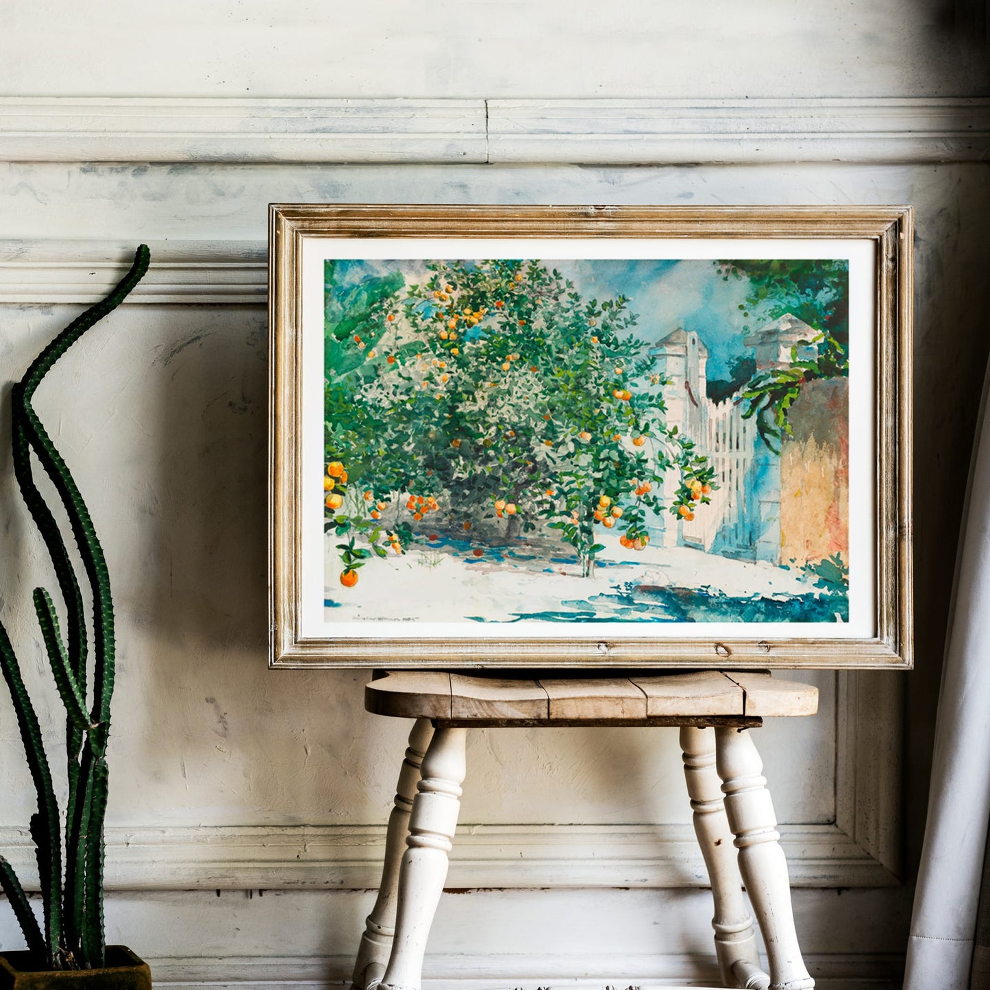 Orange Trees And Gate by Winslow Homer watercolor painting poster featuring lush orange trees and a white picket gate in a sunny garden scene, framed and displayed in home decor