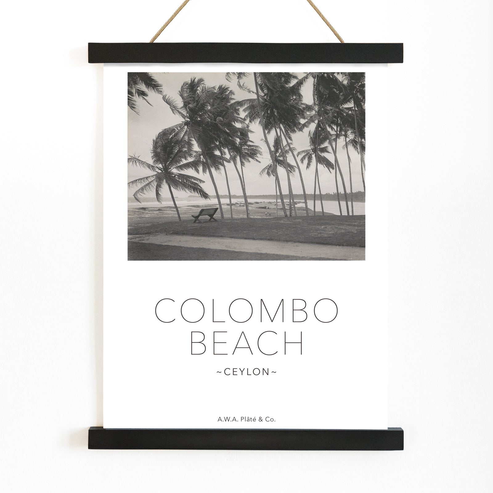 Colombo Beach Ceylon poster with palm trees and empty bench artwork by AWA Plate and Co ideal for wall decor and travel themes, with wooden magnetic frame on white background