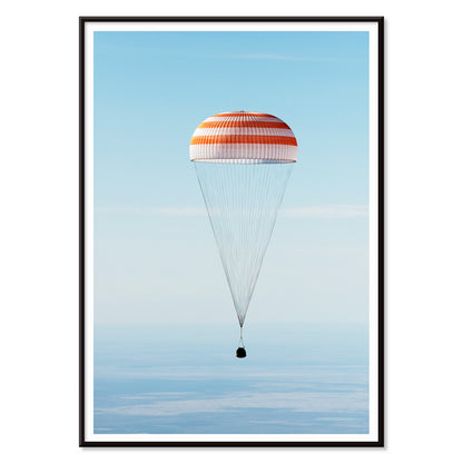 Soyuz MS-02 spacecraft descending with parachute over Kazakhstan NASA poster titled The Soyuz MS-02 spacecraft lands, with black aluminium frame on white background