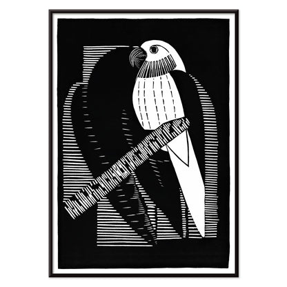 Black and white geometric parakeet artwork by Samuel Jessurun de Mesquita titled Parakeets Parkieten poster featuring parakeet on branch, with black aluminium frame on white background