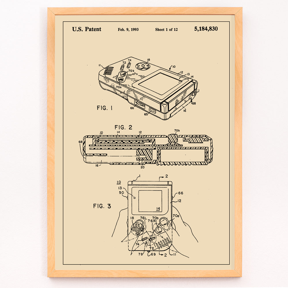 Closeup detail of Gameboy Patent technical drawing and poster artwork by Nintendo ideal for gaming decor and collectors