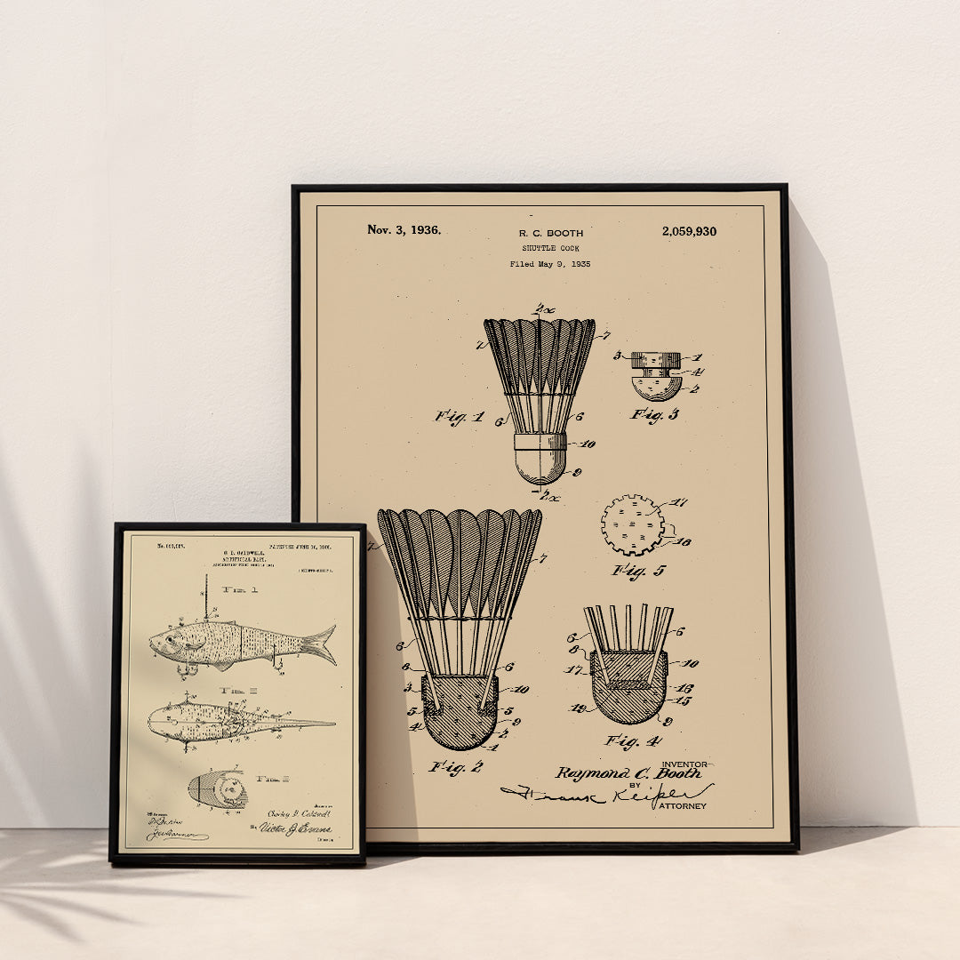 Shuttle Cock patent illustration and poster by R C Booth featuring detailed technical badminton shuttlecock diagrams and artwork, framed and displayed in home decor