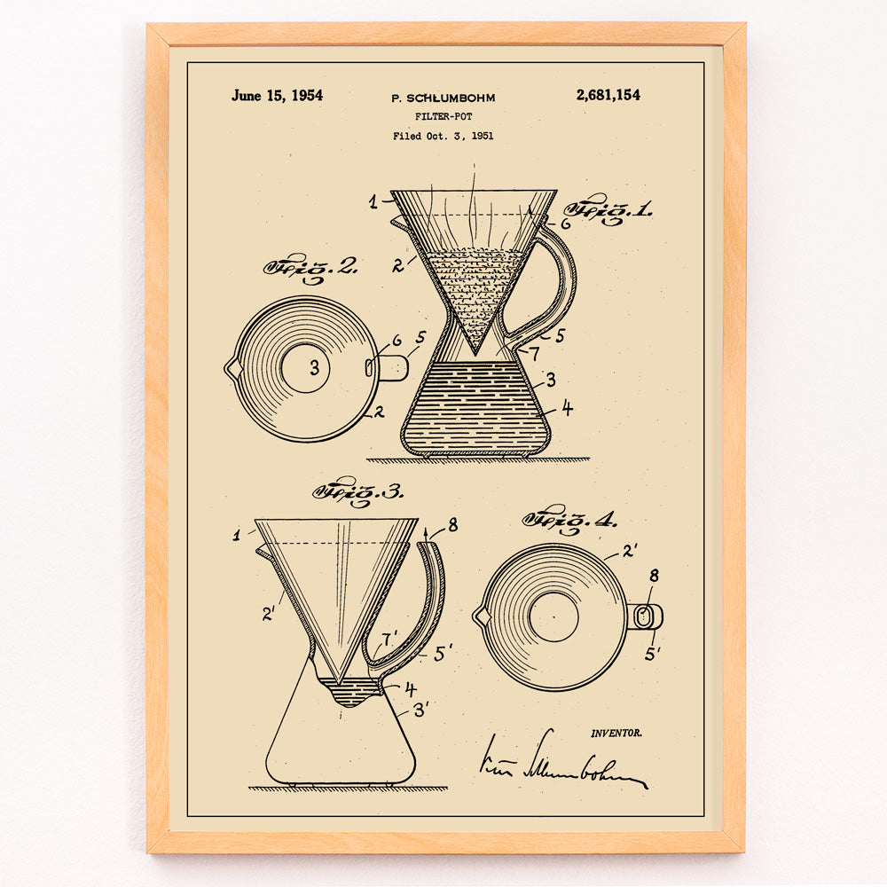 Closeup detail of Vintage technical drawing and poster of coffee filter pot patent by P Schlumbohm with schematic and design details
