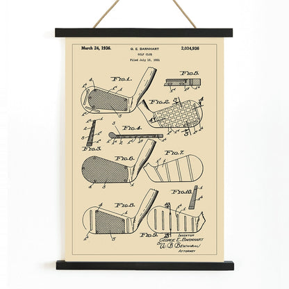 Golf club patent illustration by GE Barnhart showing detailed diagrams and labeled parts, with wooden magnetic frame on white background