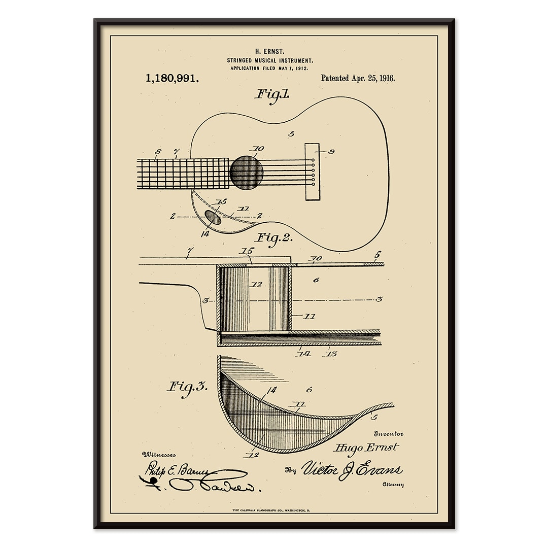 Musical Instrument Patent by H Ernst with detailed technical drawings of a stringed instrument and guitar patent illustration poster, with black aluminium frame on white background