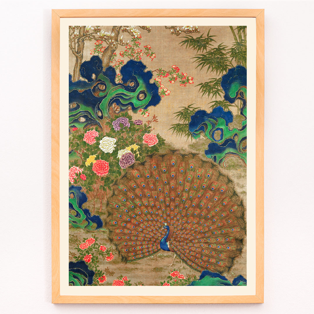 Closeup detail of Vibrant Chinese peacock with colorful flowers classic artwork poster perfect for wall decor