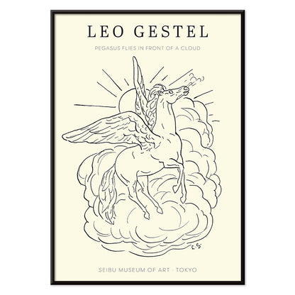 Pegasus flying in front of clouds line drawing illustration by Leo Gestel poster, with black aluminium frame on white background