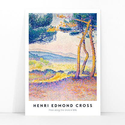 Colorful seascape poster of Pines Along the Shore by Henri Edmond Cross featuring vibrant pine trees and pointillist landscape, framed and displayed in modern living room decor