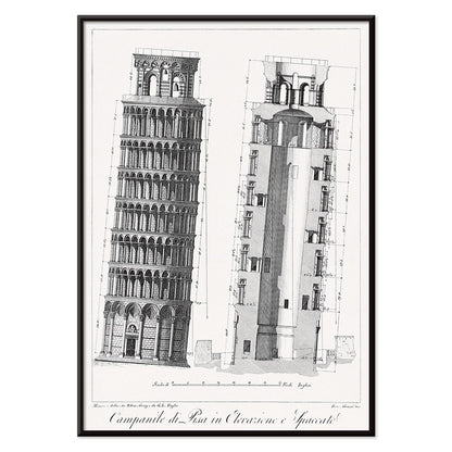Architectural illustration and poster of the Leaning Tower of Pisa Campanile di Pisa by GL Taylor featuring elevations and section views, with black aluminium frame on white background