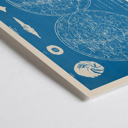 Closeup detail of Celestial planisphere star map poster by Claude Joseph Drioux featuring constellations and astronomical illustrations on blue background