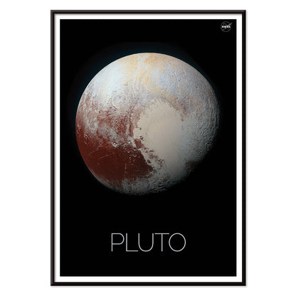 Pluto by NASA black framed poster featuring detailed surface textures, with black aluminium frame on white background