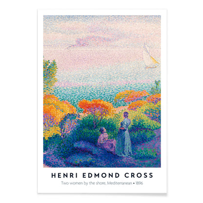 Colorful seascape poster with two women by the Mediterranean shore bright foliage artwork by Henri Edmond Cross Two Women by the Shore, with black aluminium frame on white background
