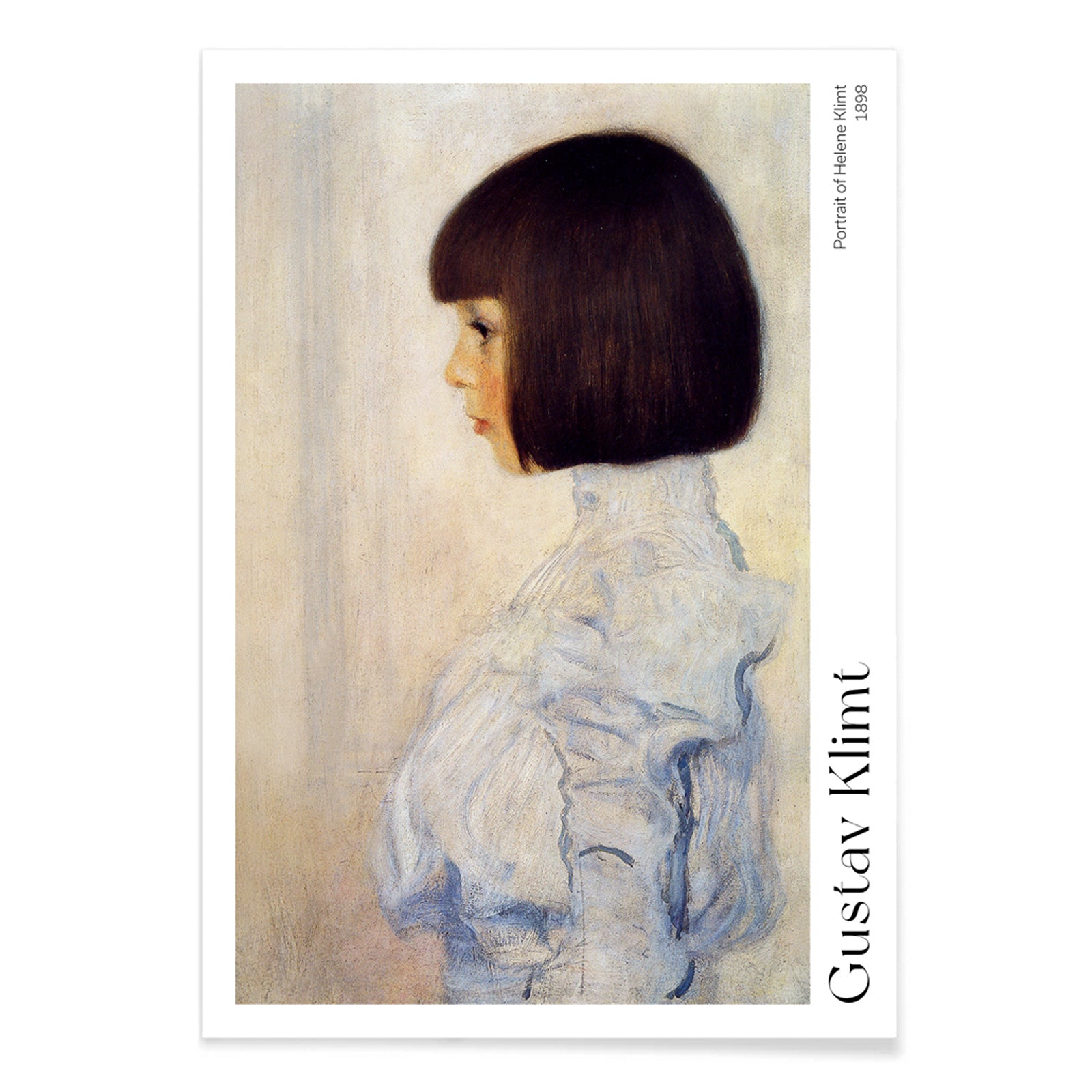 Side profile of young girl in white dress and blouse Portrait of Helene Klimt by Gustav Klimt poster, with black aluminium frame on white background