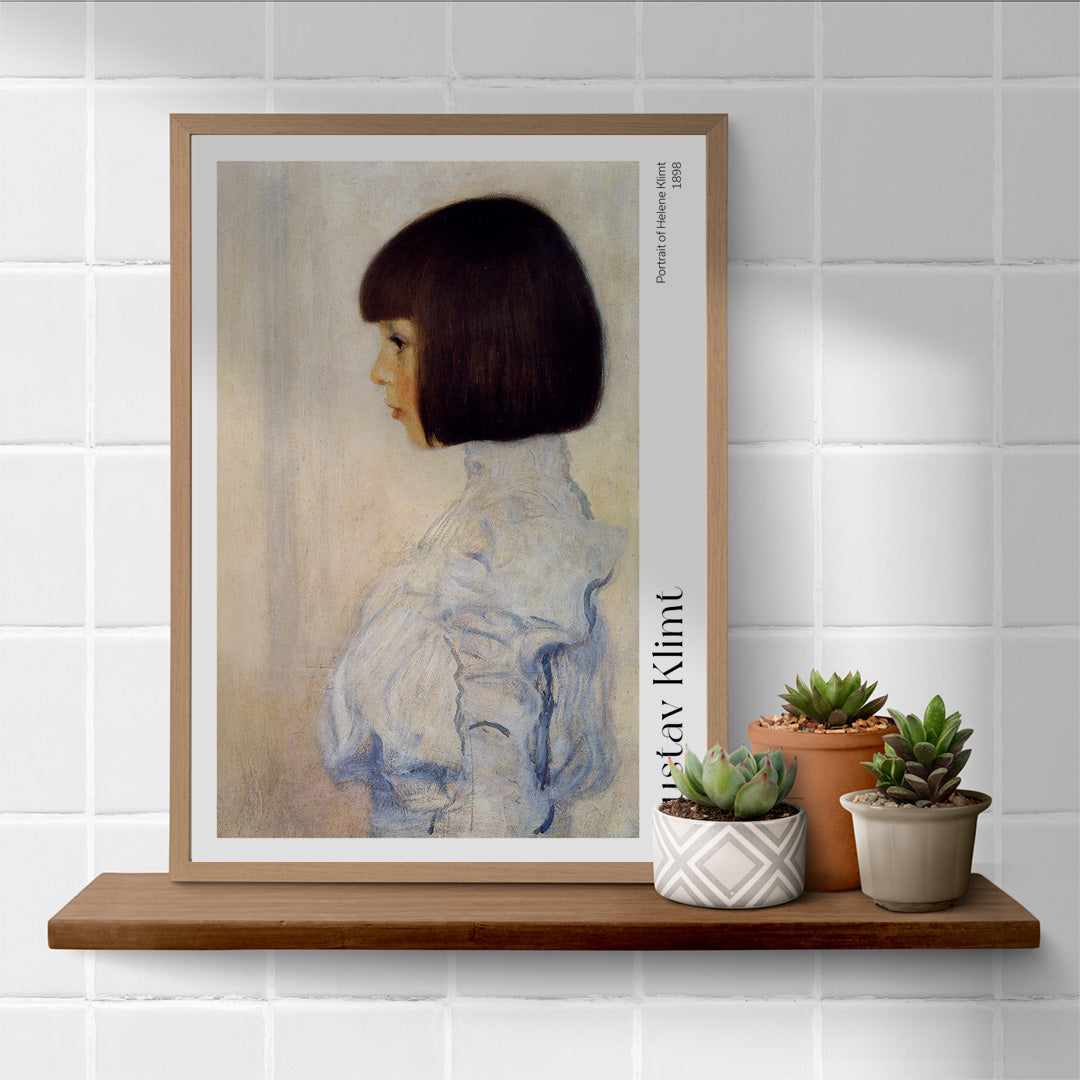 Side profile of young girl in white dress and blouse Portrait of Helene Klimt by Gustav Klimt poster, framed and displayed in home decor