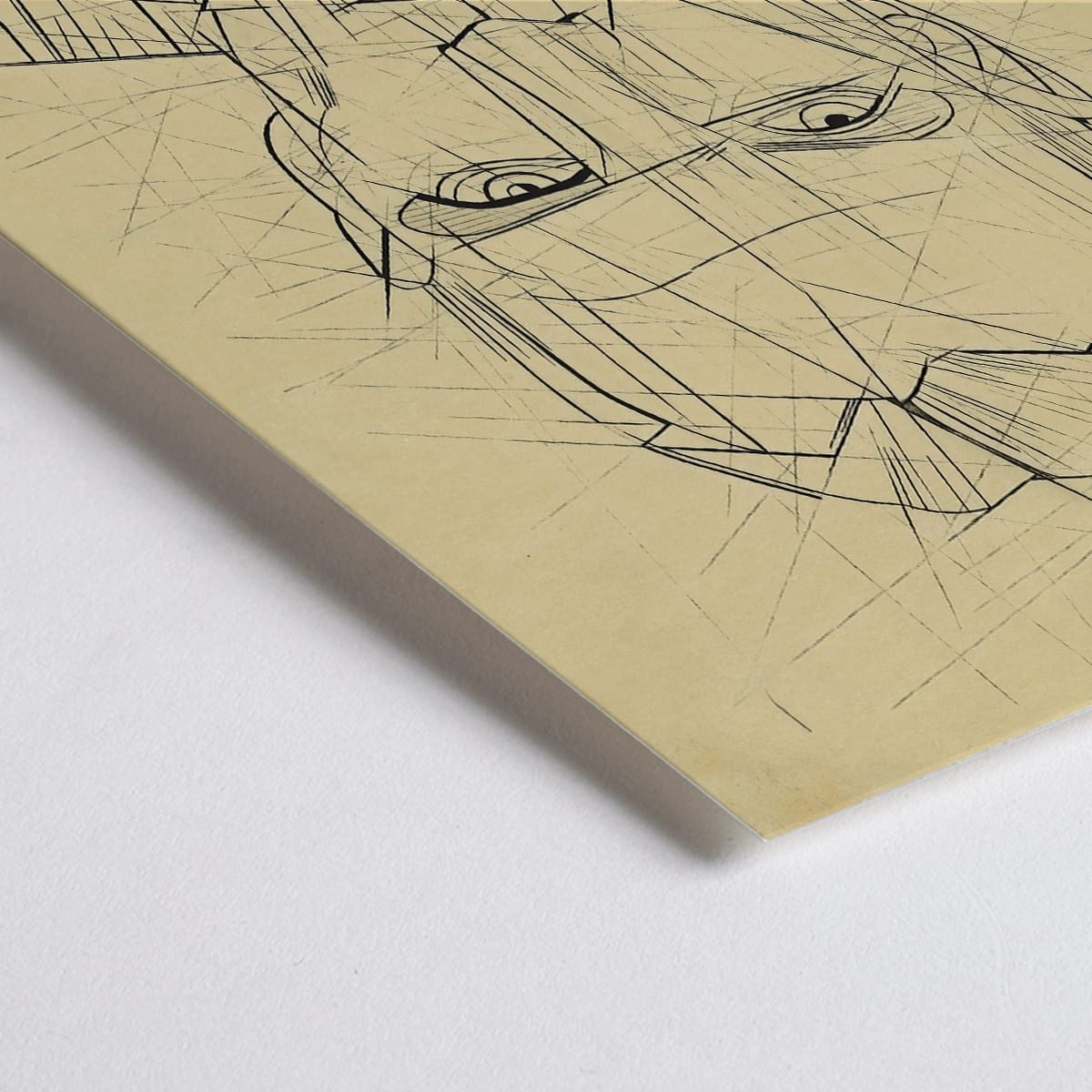 Closeup detail of Line drawing and poster of a mans face by Karl Wiener titled Porträt featuring geometric angular portrait details