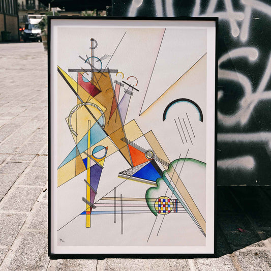 Abstract geometric shapes intersecting lines and vibrant colors in Gewebe by Wassily Kandinsky poster, framed and displayed in home decor