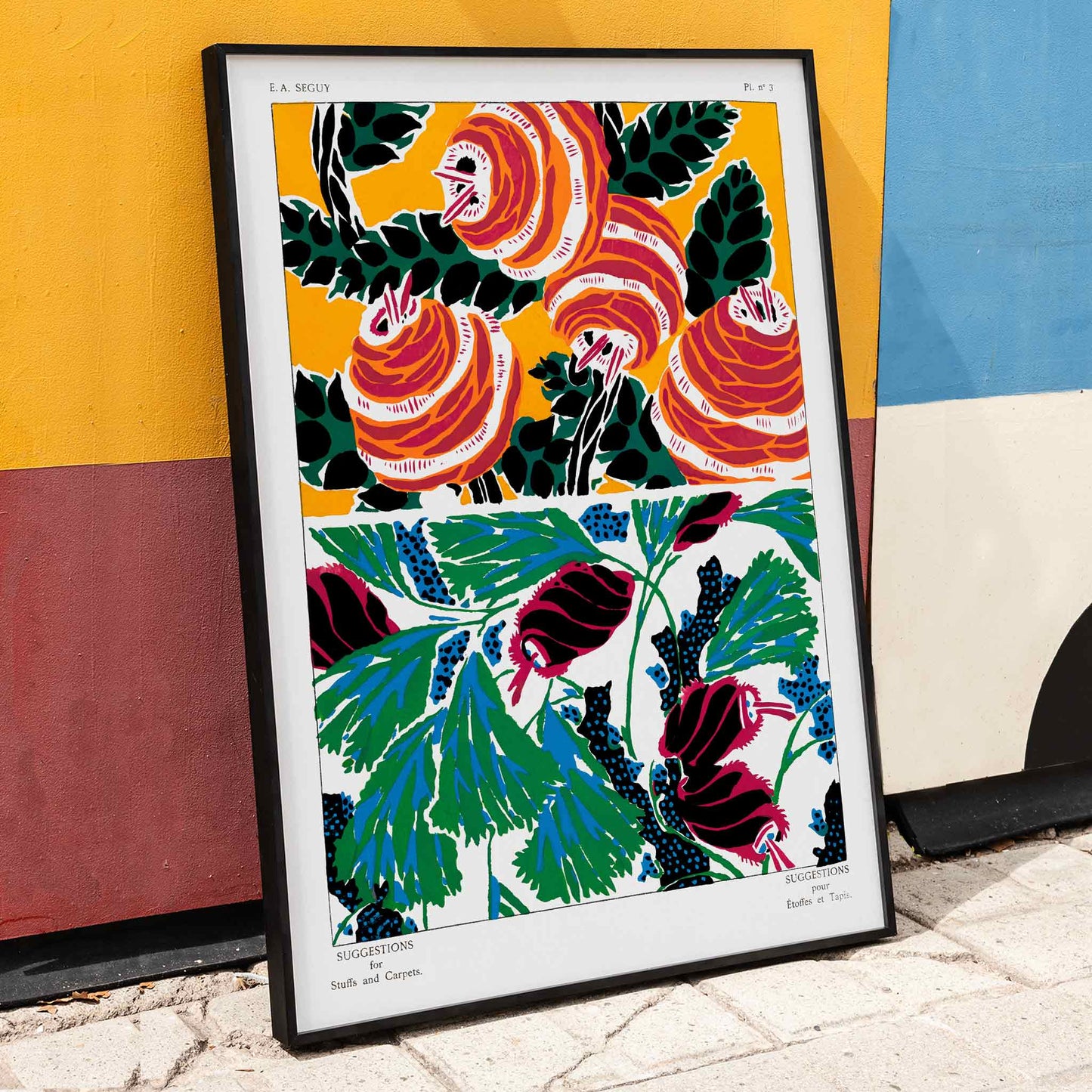Vintage floral patterns by E A Seguy from Suggestions for Stuffs and Carpets featuring bold and colorful botanical motifs poster, framed and displayed in home decor