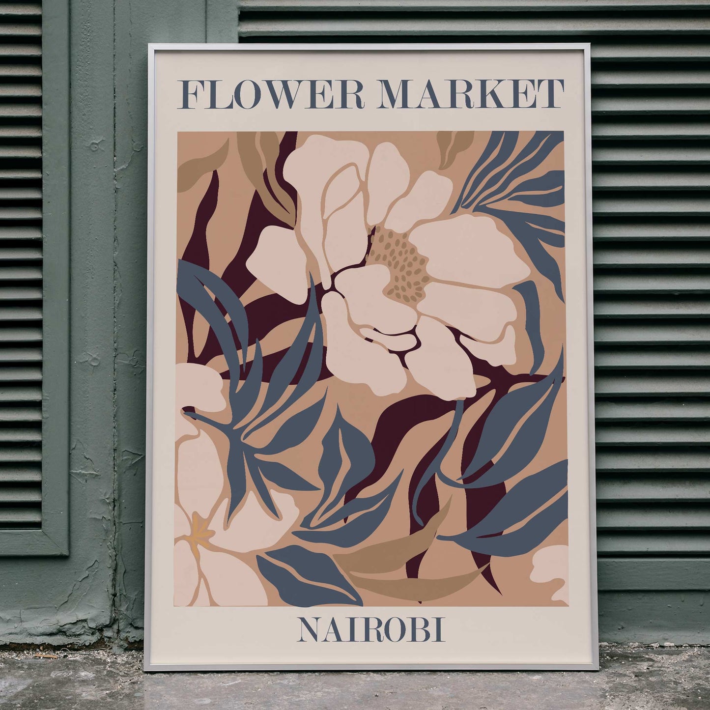 Floral artwork poster Flower Market Nairobi by Moryarty featuring abstract floral design in soft brown beige and blue hues, framed and displayed in home decor