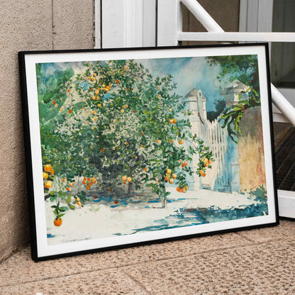 Orange Trees And Gate by Winslow Homer watercolor painting poster featuring lush orange trees and a white picket gate in a sunny garden scene, framed and displayed in home decor
