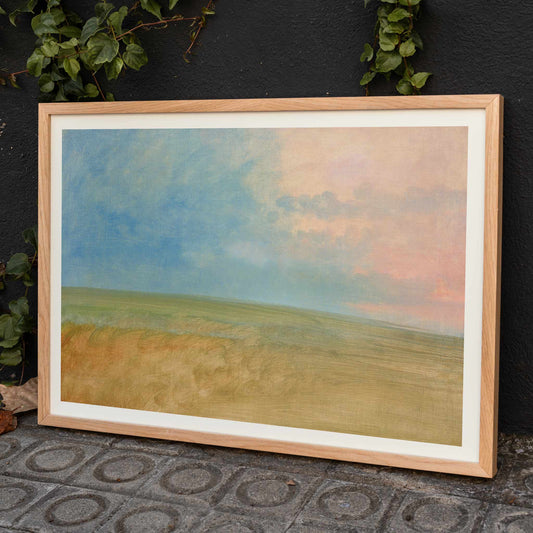 Serene prairie landscape painting titled Landscape by George Catlin featuring blue sky and open fields poster, framed and displayed in home decor