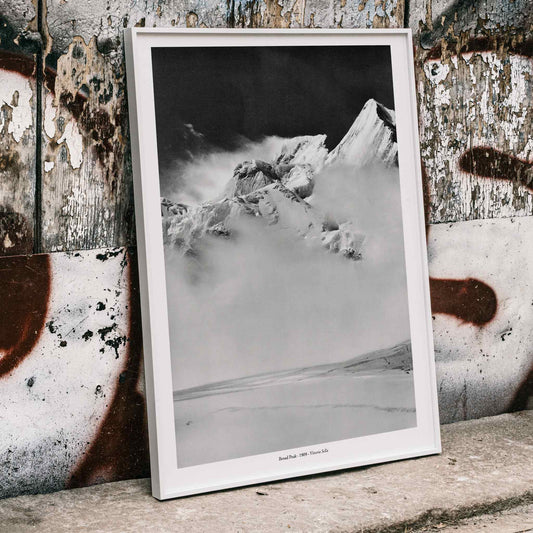 Broad Peak mountain view from Godwin-Austen Glacier snow-covered and obscured by clouds photo by Vittorio Sella, framed and displayed in home decor