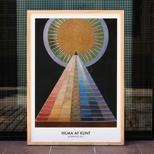 Colorful geometric abstract art poster with radiant circle pyramid and sun motif by Hilma AF Klint Altarpiece No 1 Group X, framed and displayed in home decor