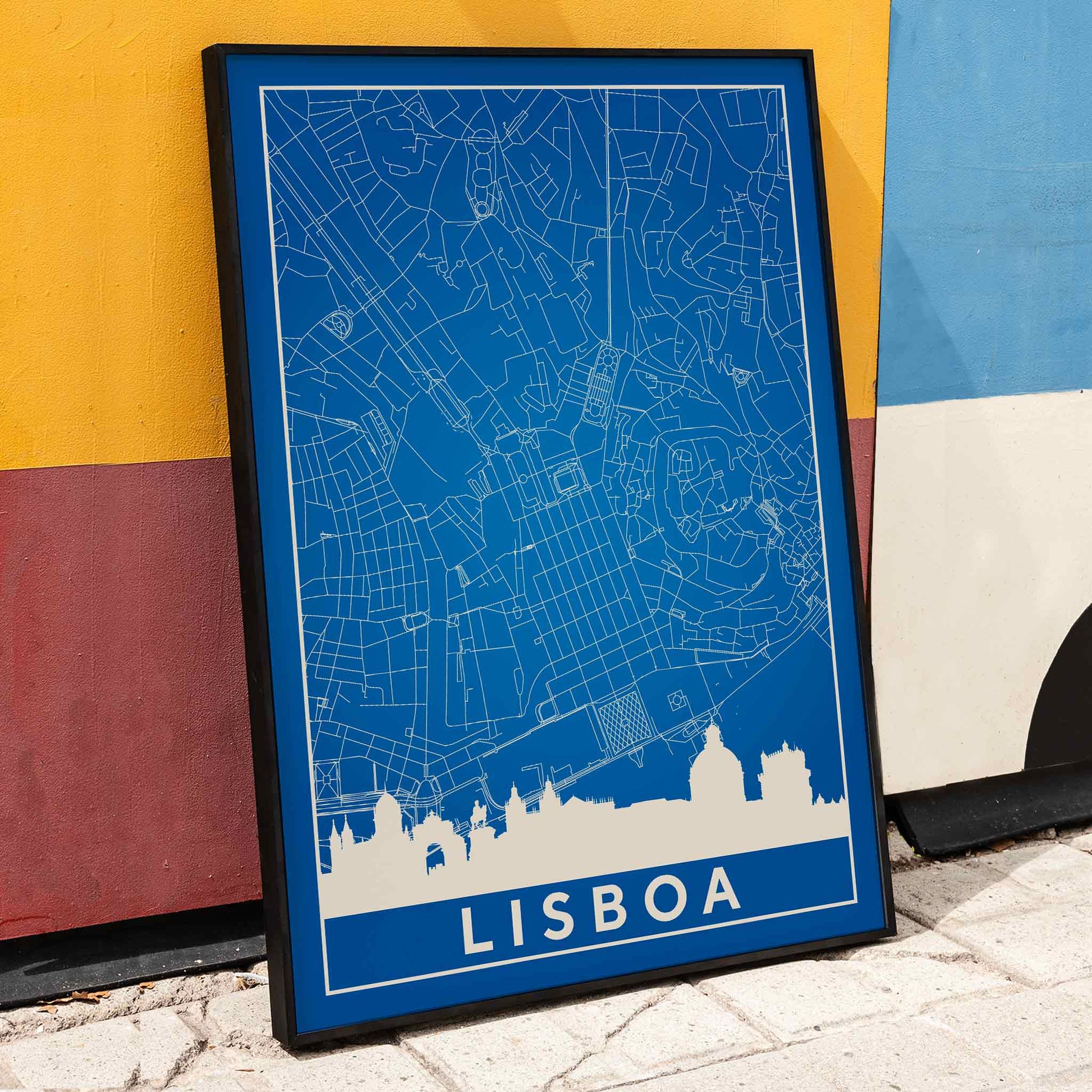 Minimalist Lisbon Map artwork in blue and white showing city map skyline and landmarks silhouette poster, framed and displayed in home decor