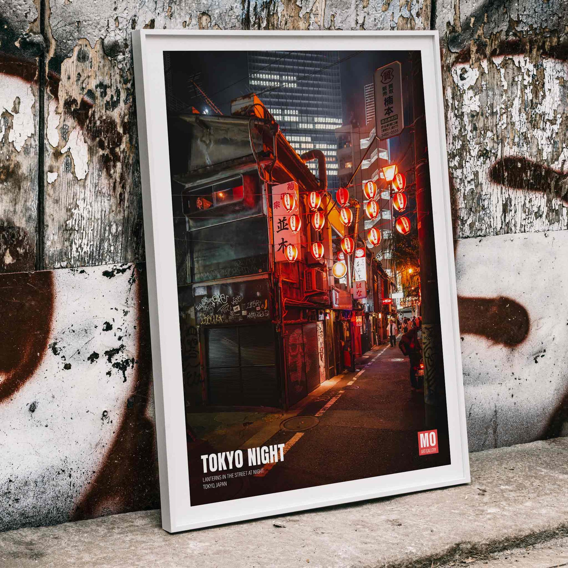 Vibrant Tokyo street at night with illuminated lanterns artwork titled Tokyo Night by Mo Art Gallery, framed and displayed in home decor